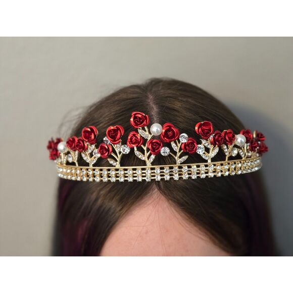 Wedding Tiara Beautiful Enameled Red Roses Faux Pearls and Rhinestones # 5 - Picture 1 of 2